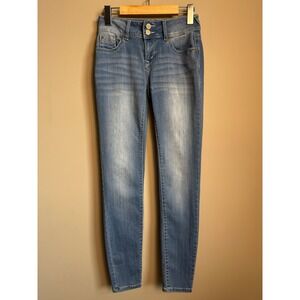 WallFlower Skinny Jeans Womens 1 Blue Denim Low Rise Double Button Stretch Y2K